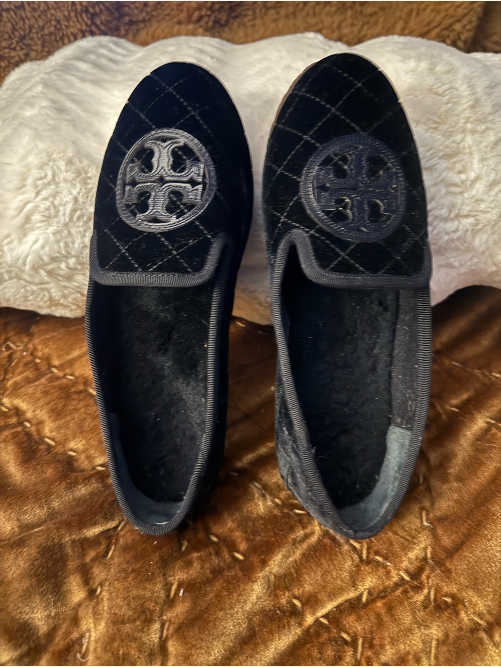 Tory Burch Black Quilted Velvet Slip-On with Logo Medallion